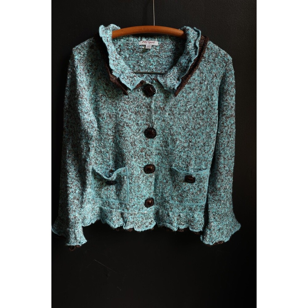 Vintage Y2K Button Sweater Cardigan Ruffle Teal Brown Fairy Grunge Grannycore S
